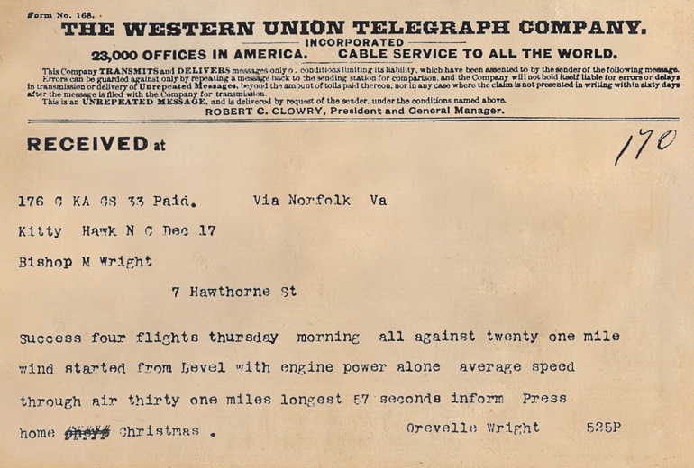 Telegraph sent by the Wright brothers to their father.