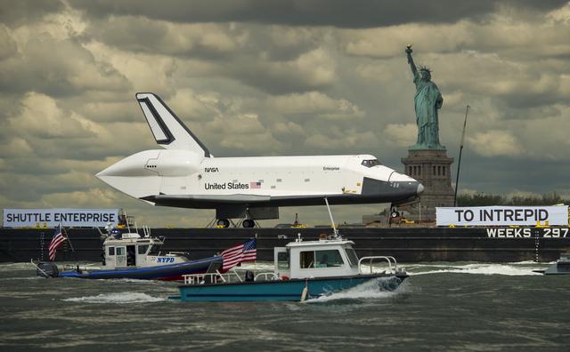 Enterprise shuttle being transported to the Intrepid Sea, Air & Space museum in New York City