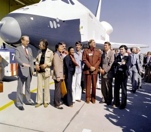 Enterprise shuttle and members from the cast of Star Trek