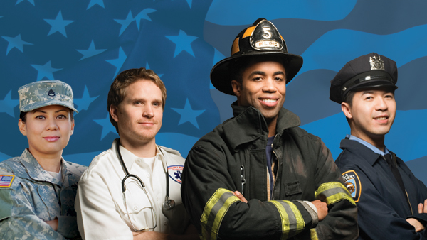 Heroic group image of a member of the military, a medical professional, a firefighter, and a police officer.