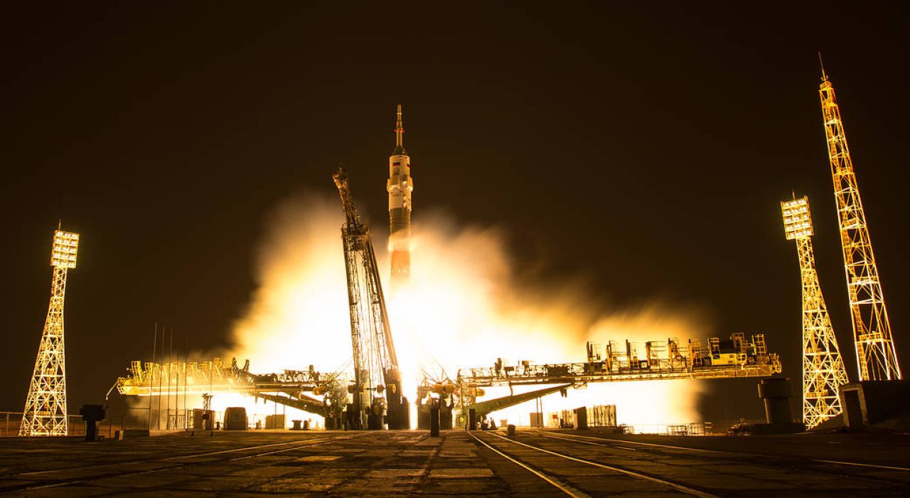 In this one second exposure photograph, the Soyuz MS-03 spacecraft is seen launching from the Baikonur Cosmodrome with Expedition 50 crewmembers NASA astronaut Peggy Whitson, Russian cosmonaut Oleg Novitskiy of Roscosmos, and ESA astronaut Thomas Pesquet from the Baikonur Cosmodrome in Kazakhstan, Friday, Nov. 18, 2016, (Kazakh time) (Nov 17 Eastern time). Whitson, Novitskiy, and Pesquet will spend approximately six months on the orbital complex. Photo Credit: (NASA/Bill Ingalls)